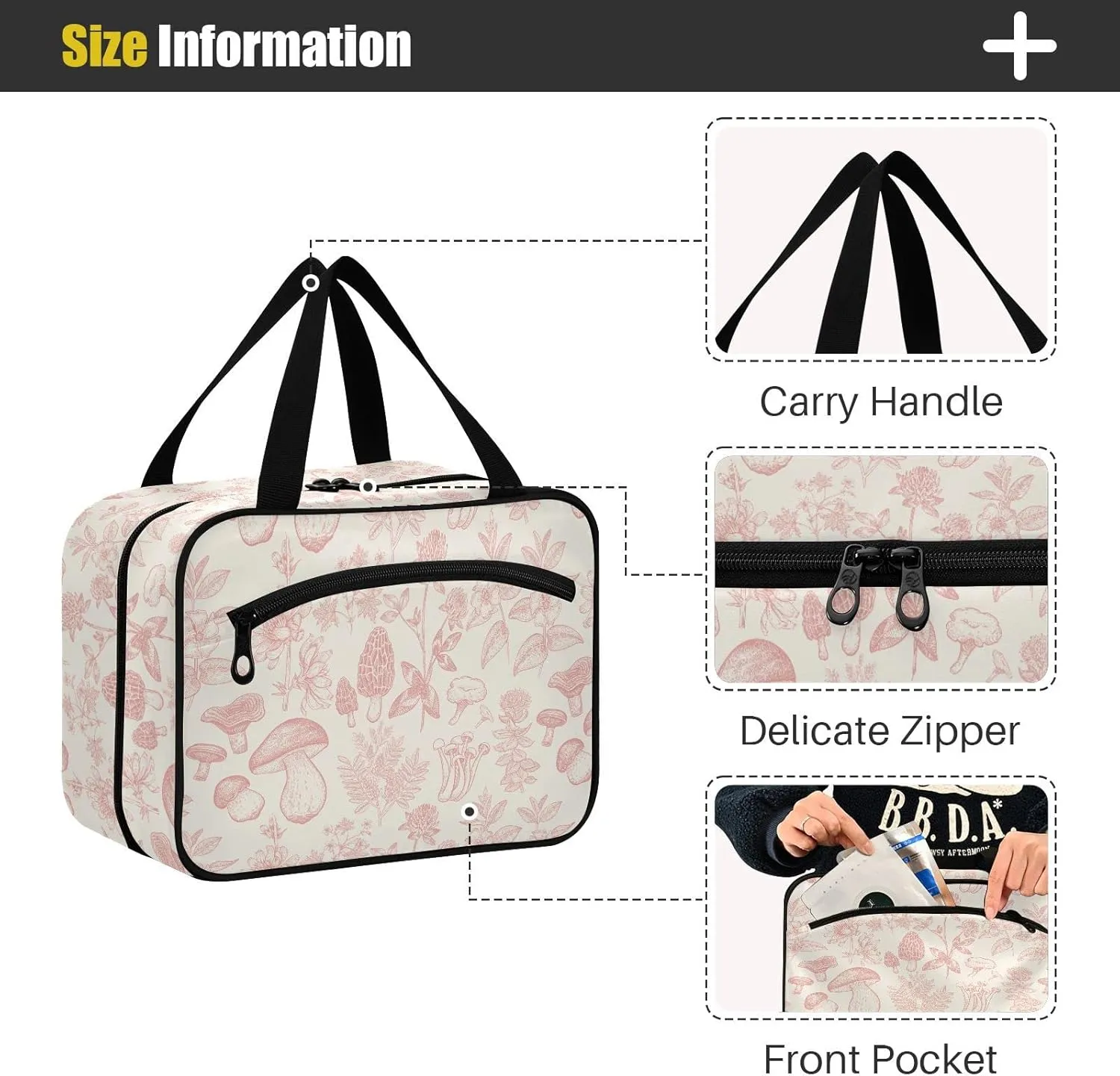 linqin Toiletry Bag for Travel, Forest Botany Mushroom Makeup Bag Large Cosmetic Bag Organizer with Hanging Hook for Women Men