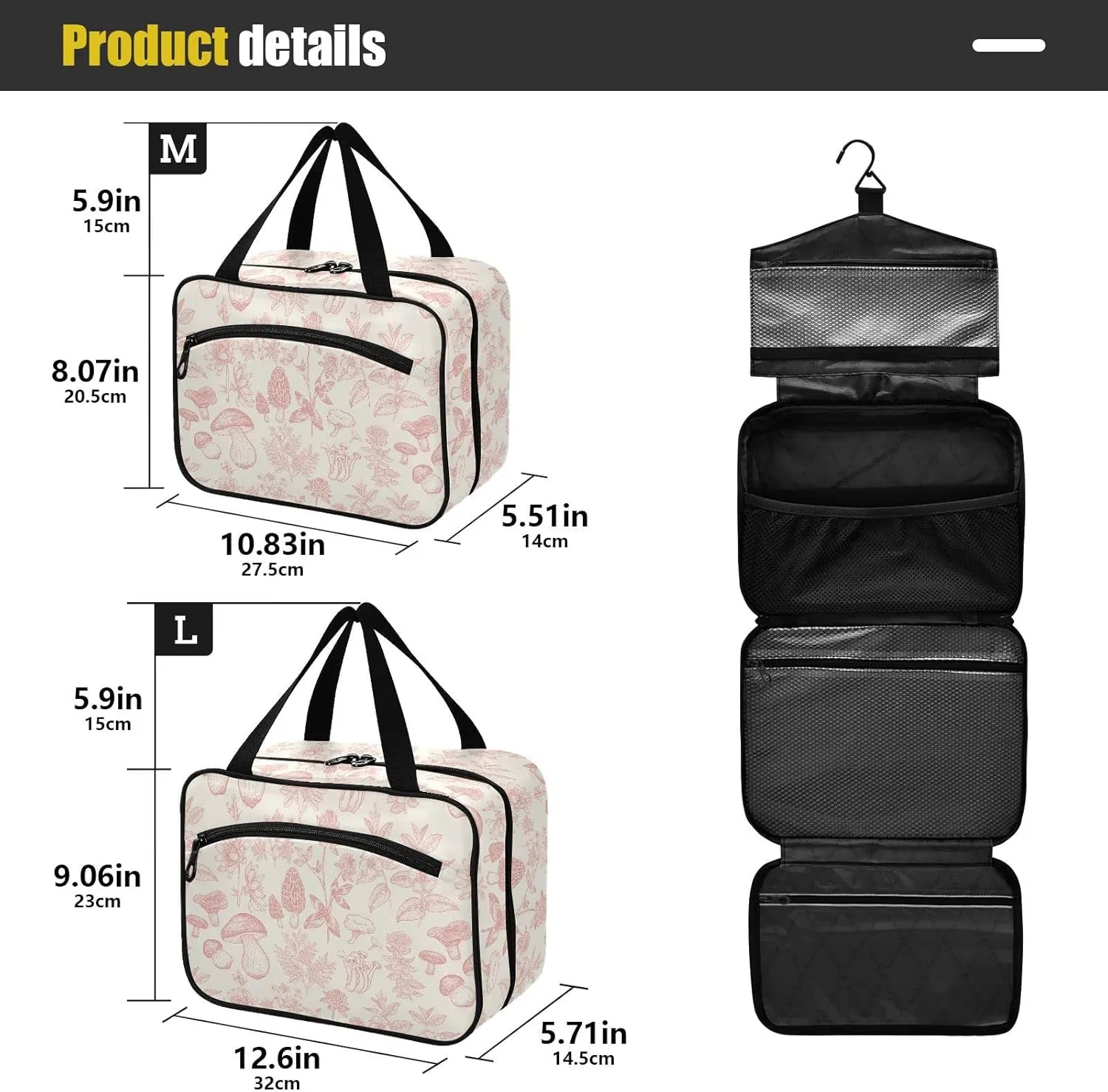 linqin Toiletry Bag for Travel, Forest Botany Mushroom Makeup Bag Large Cosmetic Bag Organizer with Hanging Hook for Women Men