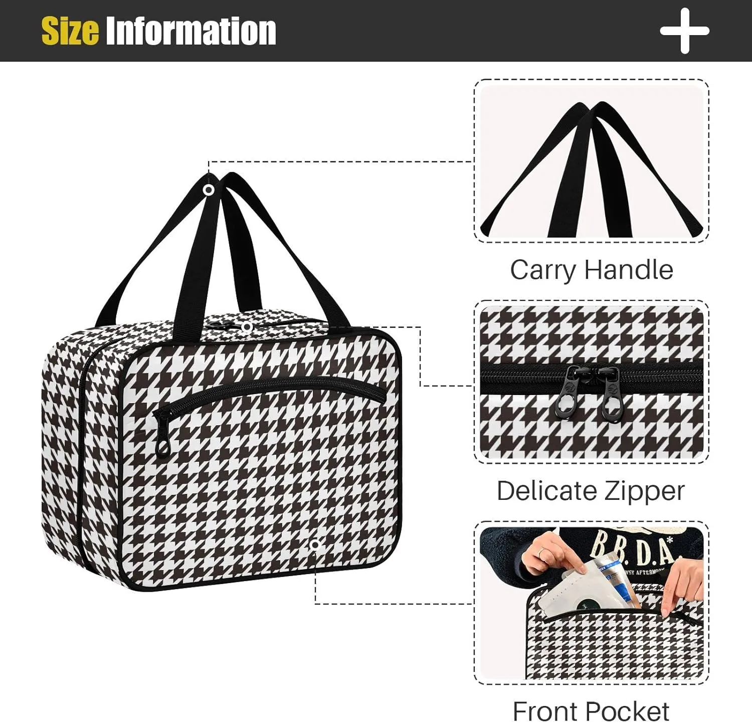 linqin Toiletry Bag for Travel, Houndstooth Black White Makeup Bag Large Cosmetic Bag Organizer with Hanging Hook for Women Men