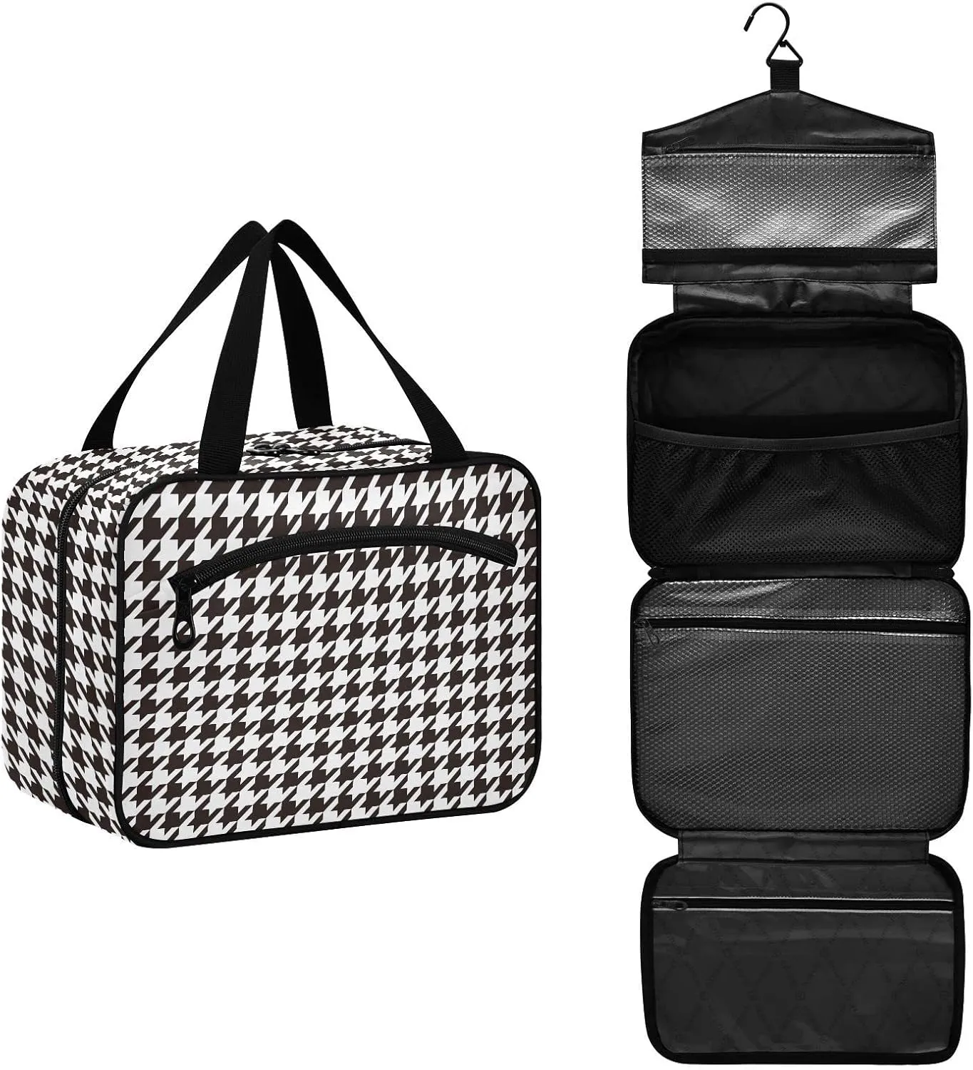 linqin Toiletry Bag for Travel, Houndstooth Black White Makeup Bag Large Cosmetic Bag Organizer with Hanging Hook for Women Men