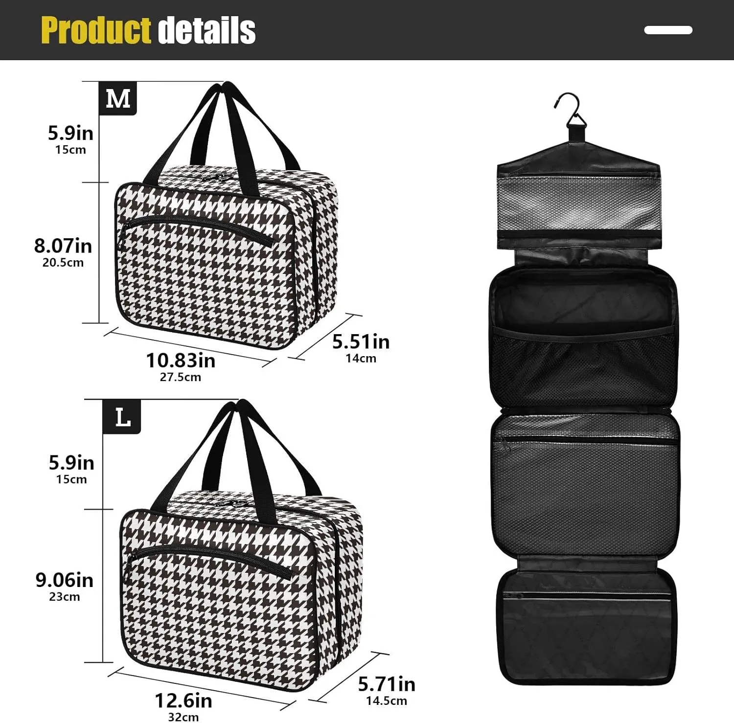 linqin Toiletry Bag for Travel, Houndstooth Black White Makeup Bag Large Cosmetic Bag Organizer with Hanging Hook for Women Men