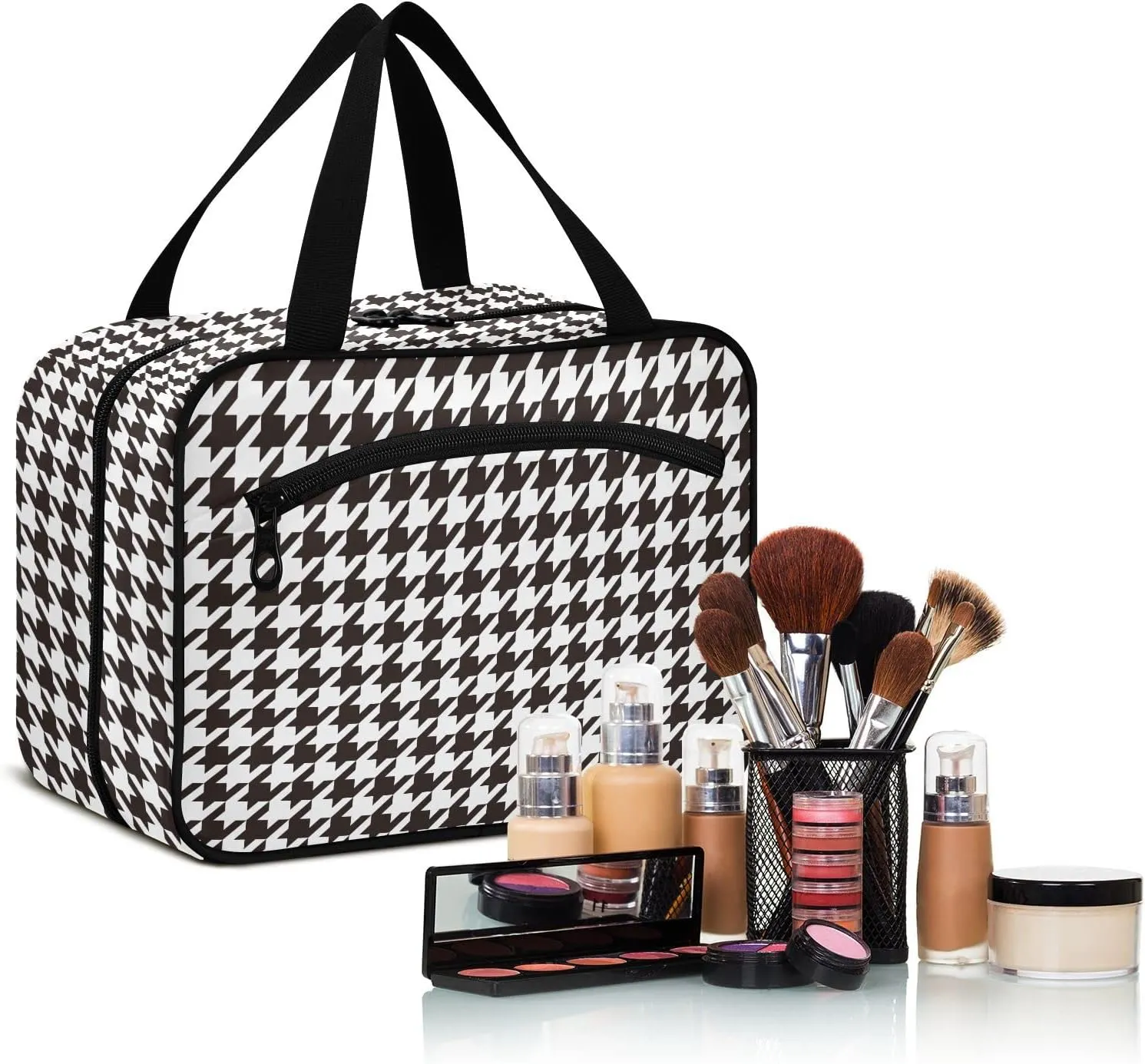 linqin Toiletry Bag for Travel, Houndstooth Black White Makeup Bag Large Cosmetic Bag Organizer with Hanging Hook for Women Men