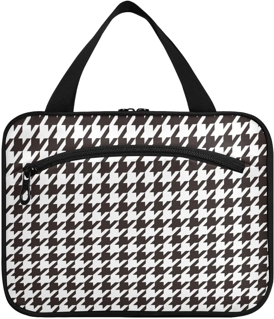 linqin Toiletry Bag for Travel, Houndstooth Black White Makeup Bag Large Cosmetic Bag Organizer with Hanging Hook for Women Men