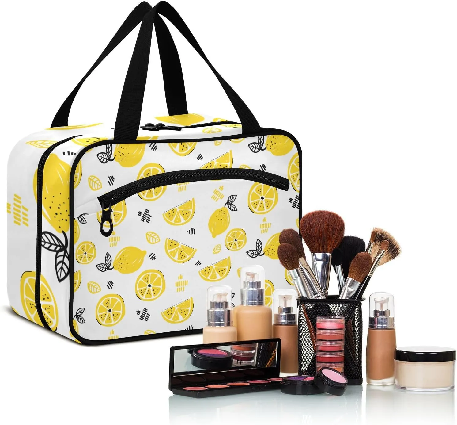 linqin Toiletry Bag for Travel, Lemon Pattern Yellow Makeup Bag Large Cosmetic Bag Organizer with Hanging Hook for Women Men