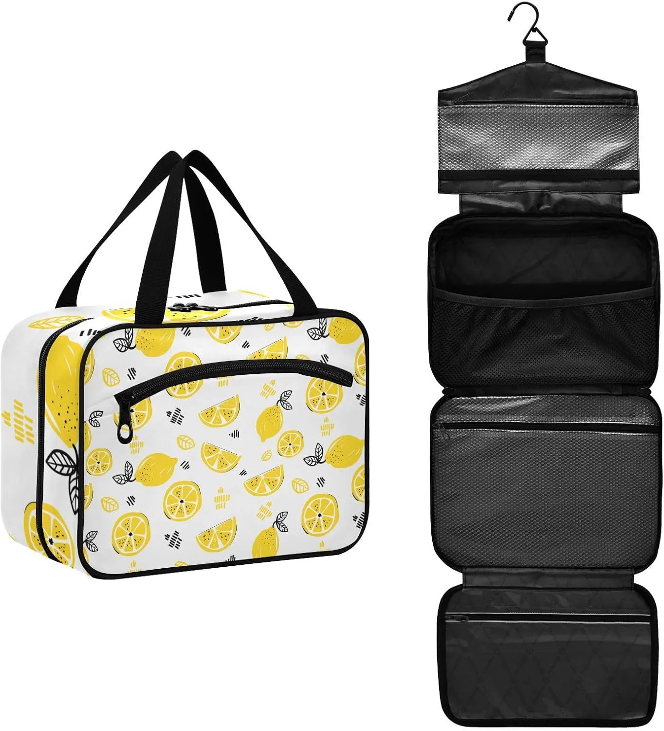 linqin Toiletry Bag for Travel, Lemon Pattern Yellow Makeup Bag Large Cosmetic Bag Organizer with Hanging Hook for Women Men