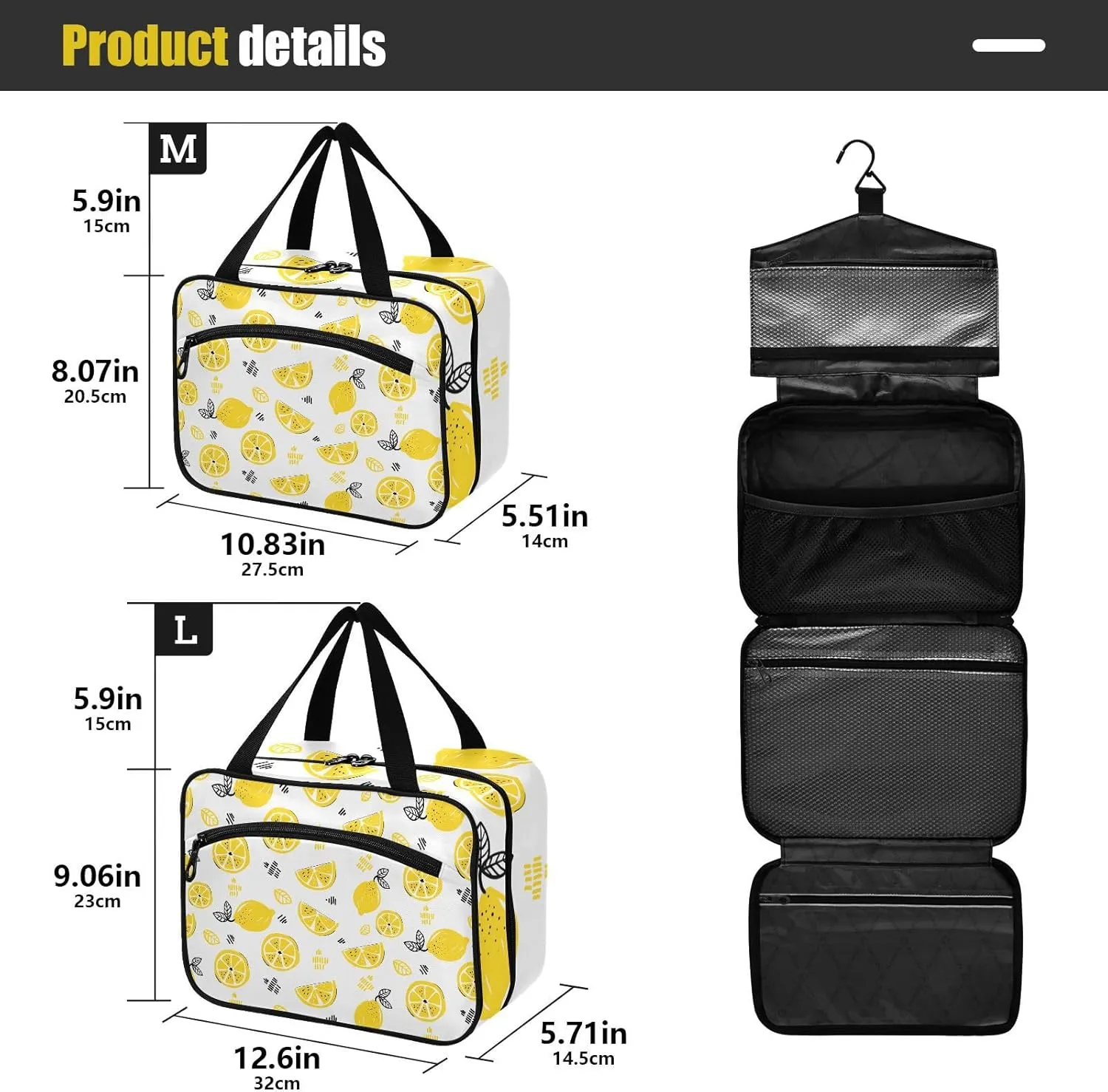 linqin Toiletry Bag for Travel, Lemon Pattern Yellow Makeup Bag Large Cosmetic Bag Organizer with Hanging Hook for Women Men