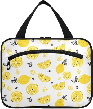linqin Toiletry Bag for Travel, Lemon Pattern Yellow Makeup Bag Large Cosmetic Bag Organizer with Hanging Hook for Women Men