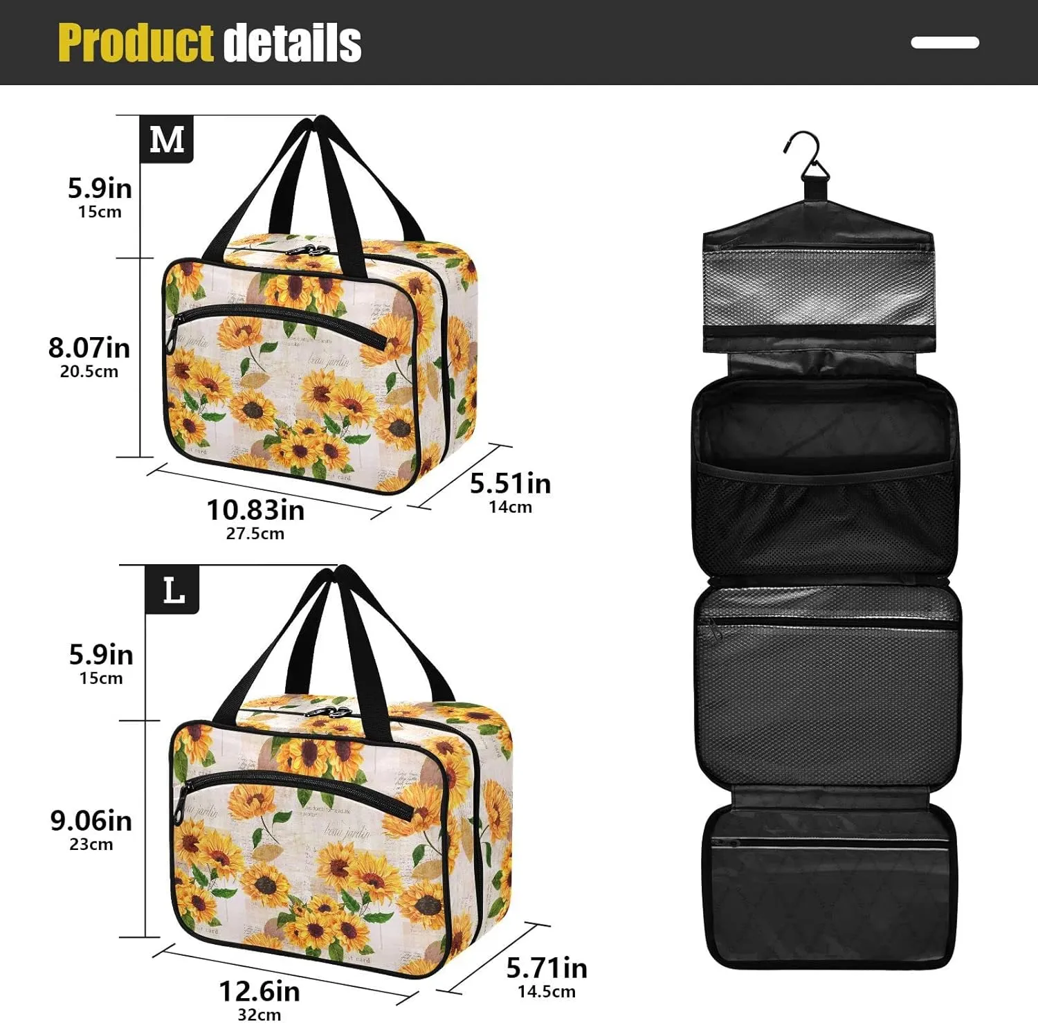 linqin Toiletry Bag for Travel, Sunflower Retro Makeup Bag Large Cosmetic Bag Organizer with Hanging Hook for Women Men