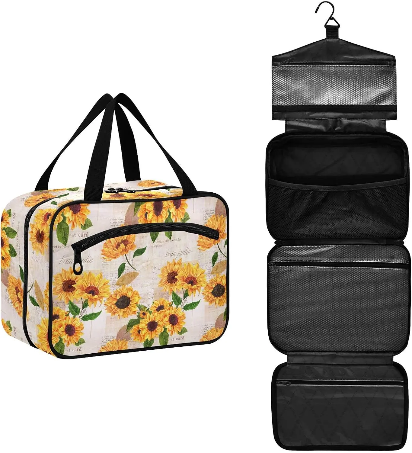 linqin Toiletry Bag for Travel, Sunflower Retro Makeup Bag Large Cosmetic Bag Organizer with Hanging Hook for Women Men