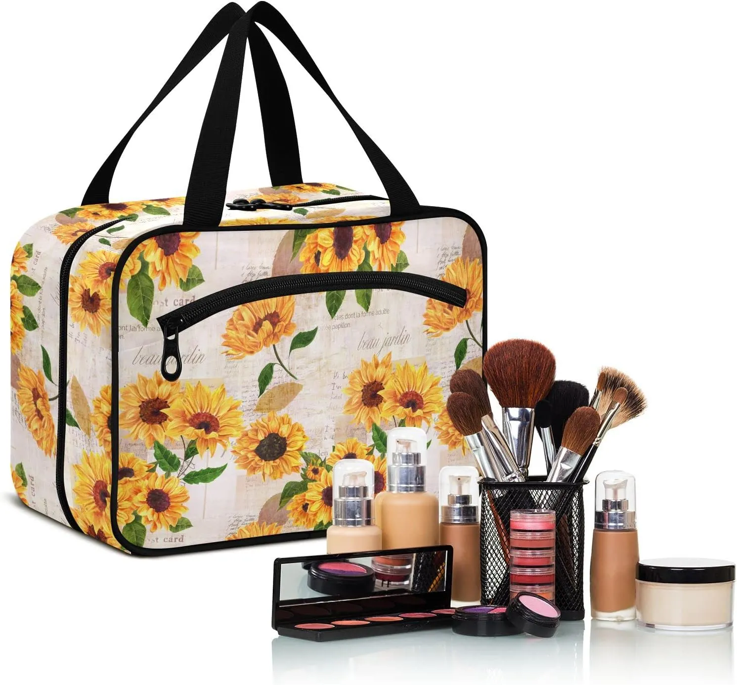 linqin Toiletry Bag for Travel, Sunflower Retro Makeup Bag Large Cosmetic Bag Organizer with Hanging Hook for Women Men