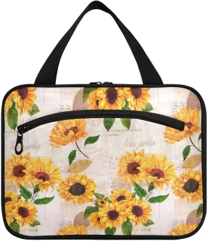 linqin Toiletry Bag for Travel, Sunflower Retro Makeup Bag Large Cosmetic Bag Organizer with Hanging Hook for Women Men