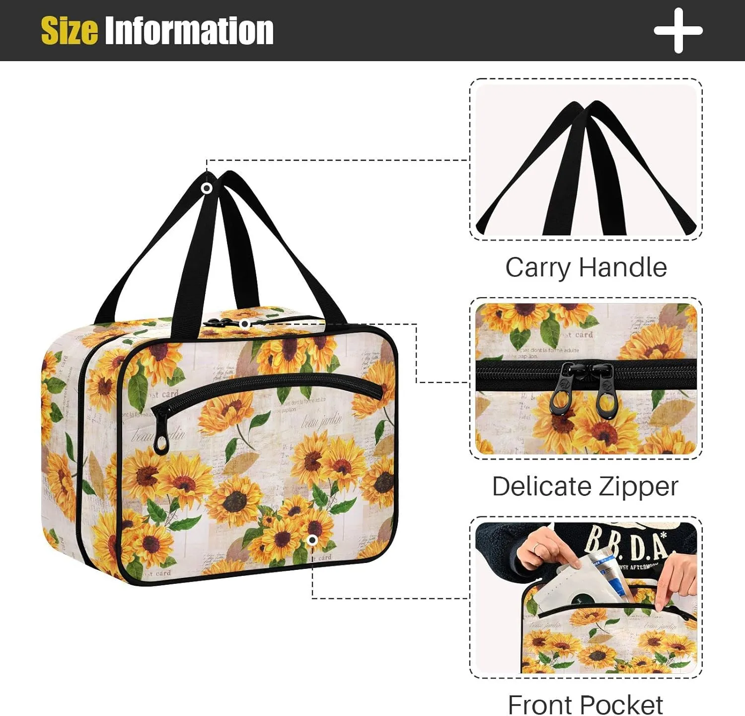 linqin Toiletry Bag for Travel, Sunflower Retro Makeup Bag Large Cosmetic Bag Organizer with Hanging Hook for Women Men