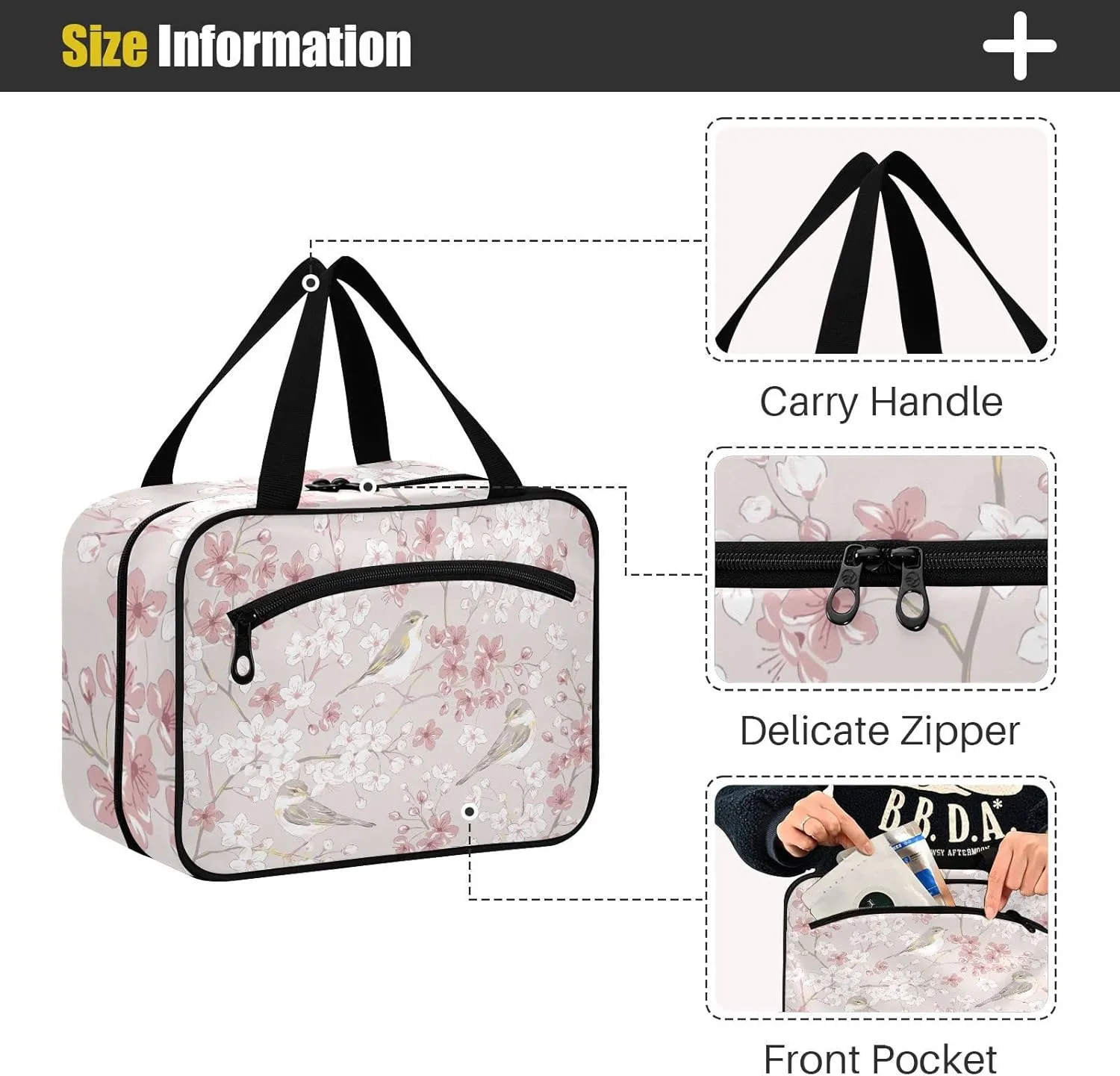 linqin Toiletry Bag for Travel, Willow Warbler Bird Spring Cherry Makeup Bag Large Cosmetic Bag Organizer with Hanging Hook for Women Men