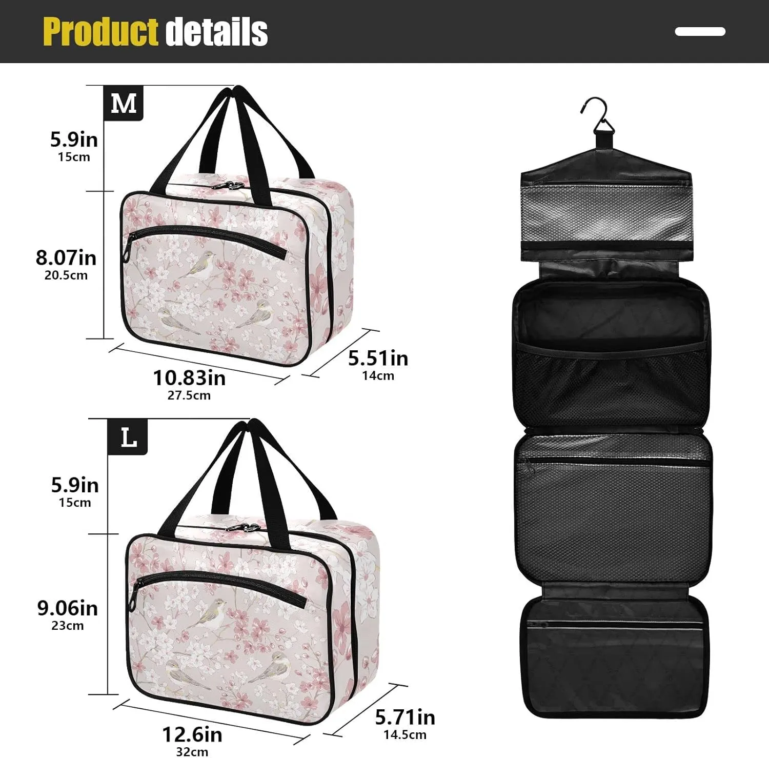 linqin Toiletry Bag for Travel, Willow Warbler Bird Spring Cherry Makeup Bag Large Cosmetic Bag Organizer with Hanging Hook for Women Men