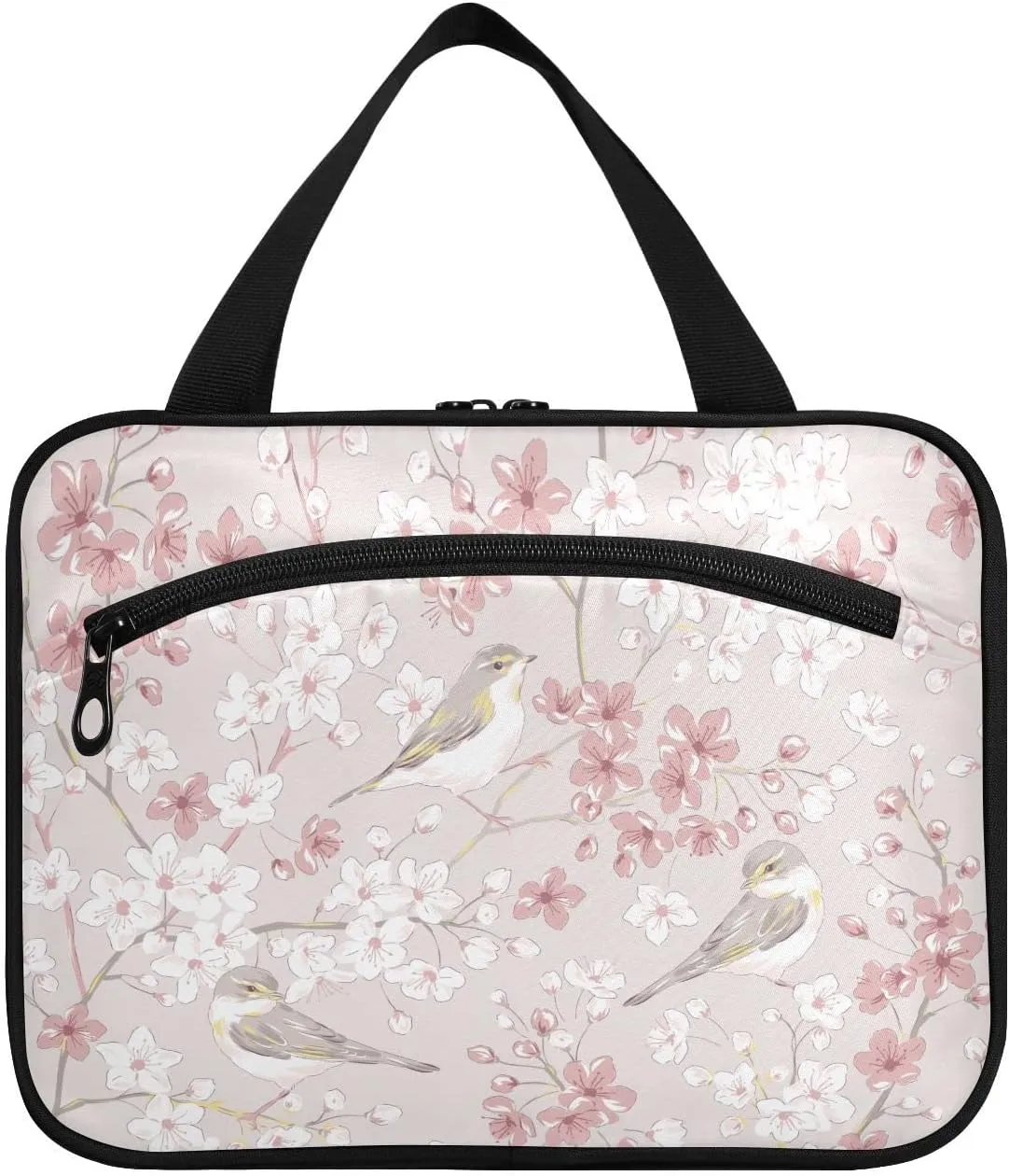 linqin Toiletry Bag for Travel, Willow Warbler Bird Spring Cherry Makeup Bag Large Cosmetic Bag Organizer with Hanging Hook for Women Men