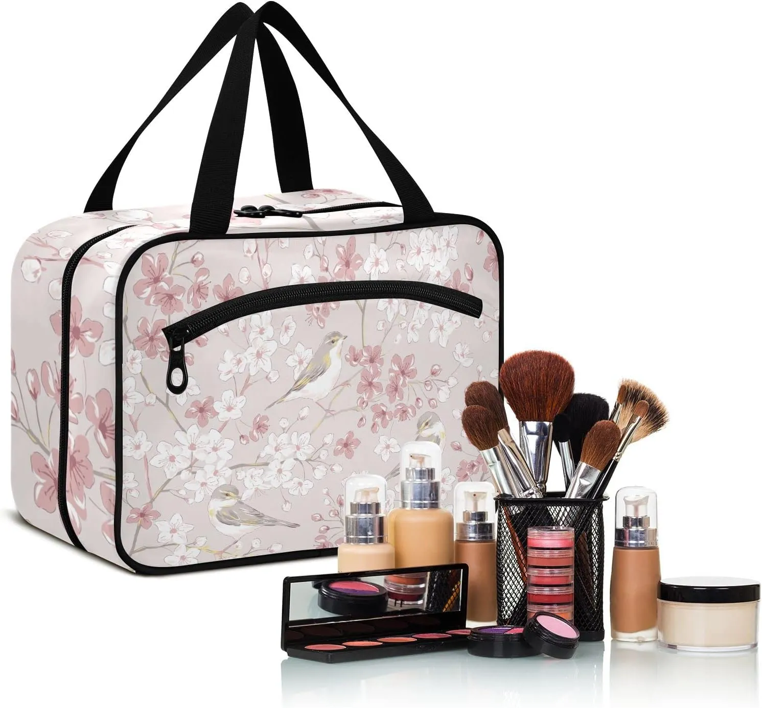 linqin Toiletry Bag for Travel, Willow Warbler Bird Spring Cherry Makeup Bag Large Cosmetic Bag Organizer with Hanging Hook for Women Men