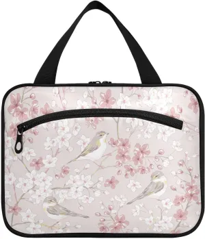 linqin Toiletry Bag for Travel, Willow Warbler Bird Spring Cherry Makeup Bag Large Cosmetic Bag Organizer with Hanging Hook for Women Men