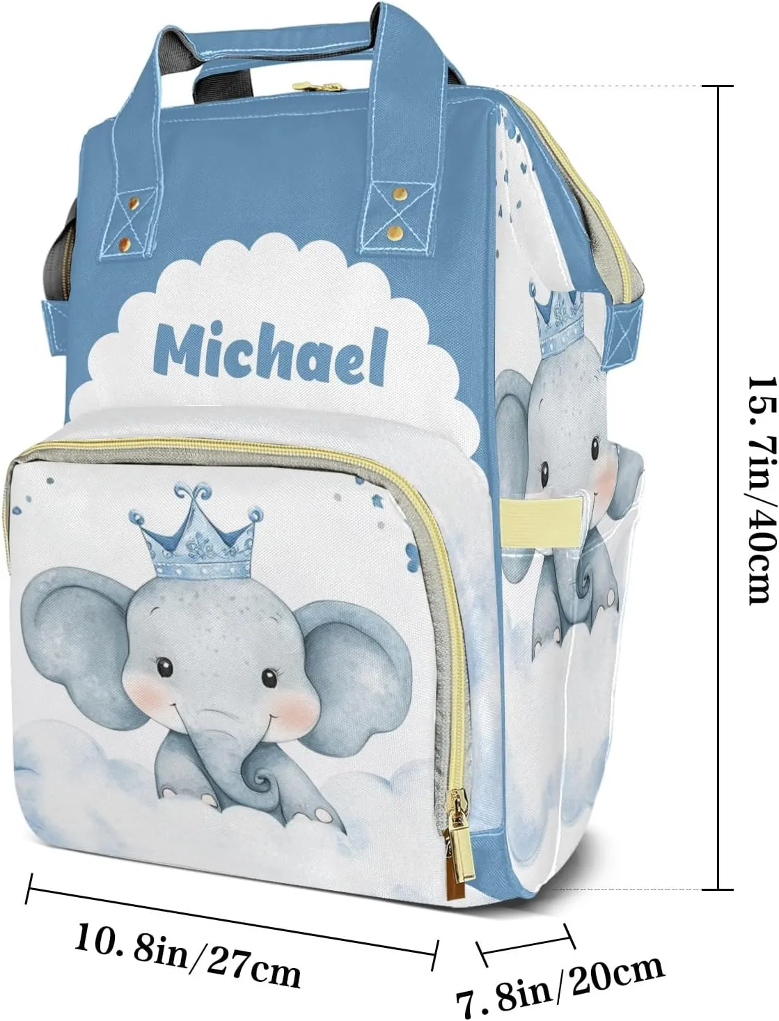 Little Crown Elephant Personalized Large Capacity Diaper Bags,Custom Name Backpack Casual Daypack Bag Nappy Bag Gifts