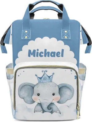 Little Crown Elephant Personalized Large Capacity Diaper Bags,Custom Name Backpack Casual Daypack Bag Nappy Bag Gifts