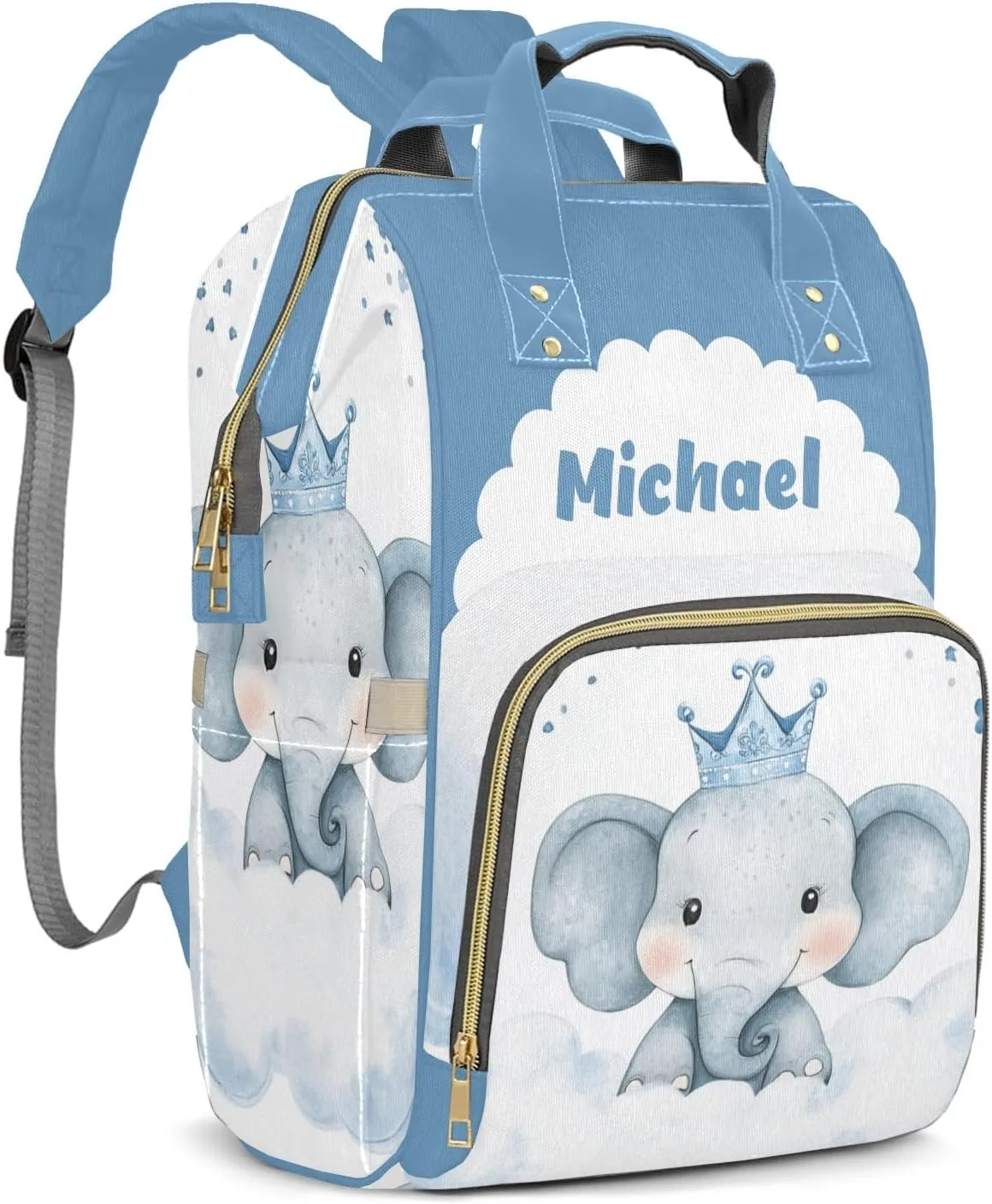 Little Crown Elephant Personalized Large Capacity Diaper Bags,Custom Name Backpack Casual Daypack Bag Nappy Bag Gifts
