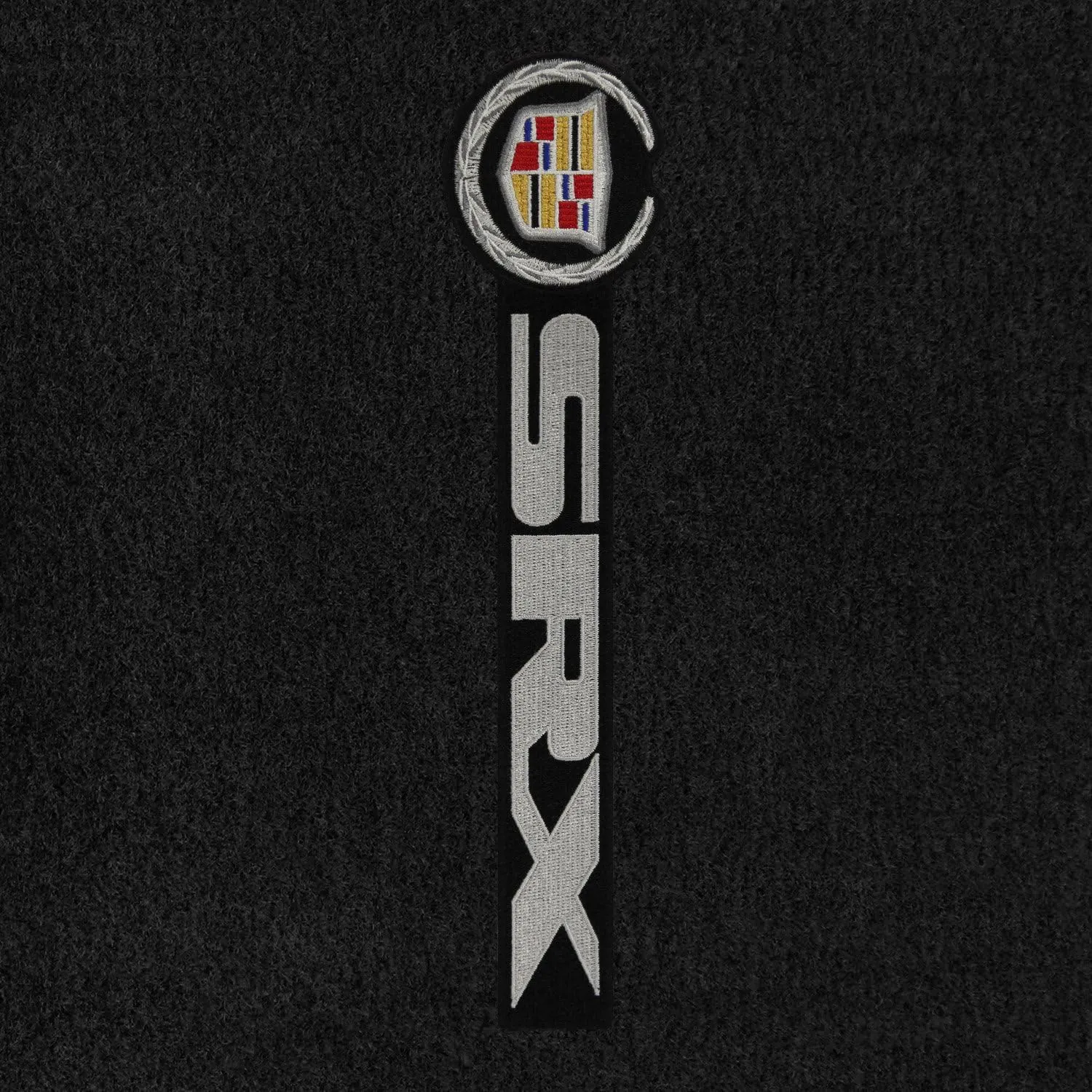 Lloyd Mats ® - Velourtex Black Front Floor Mats for Cadillac SRX 2004-14 with Sideways Silver Cadillac Crest and SRX Lettering Applique
