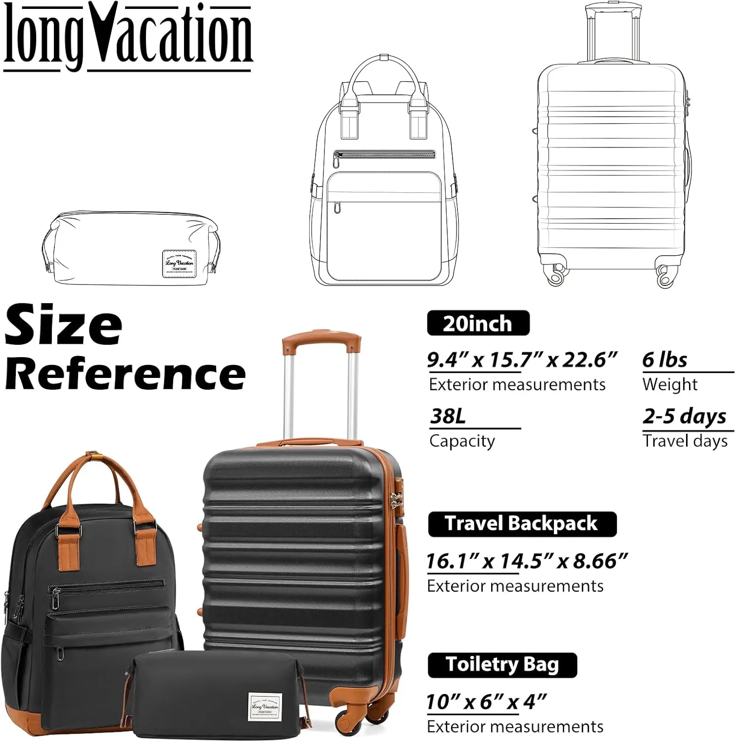 LONG VACATION 3 Piece Luggage Set 20 IN Carry on Suitcase ABS PC Handshell Luggage with Spinner Wheels & YKK Zipper TSA Lock (20 INCH (BP/TB), BLACK-BROWN)