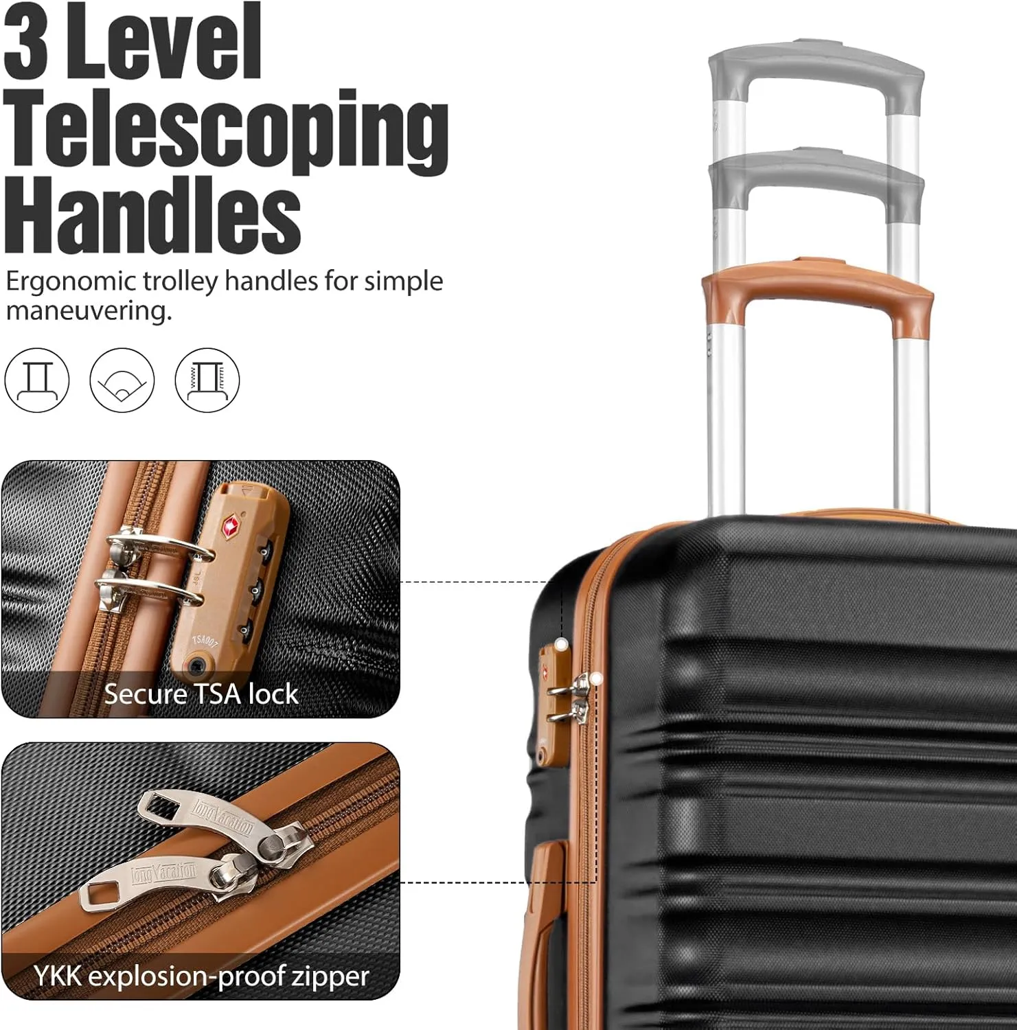 LONG VACATION 3 Piece Luggage Set 20 IN Carry on Suitcase ABS PC Handshell Luggage with Spinner Wheels & YKK Zipper TSA Lock (20 INCH (BP/TB), BLACK-BROWN)