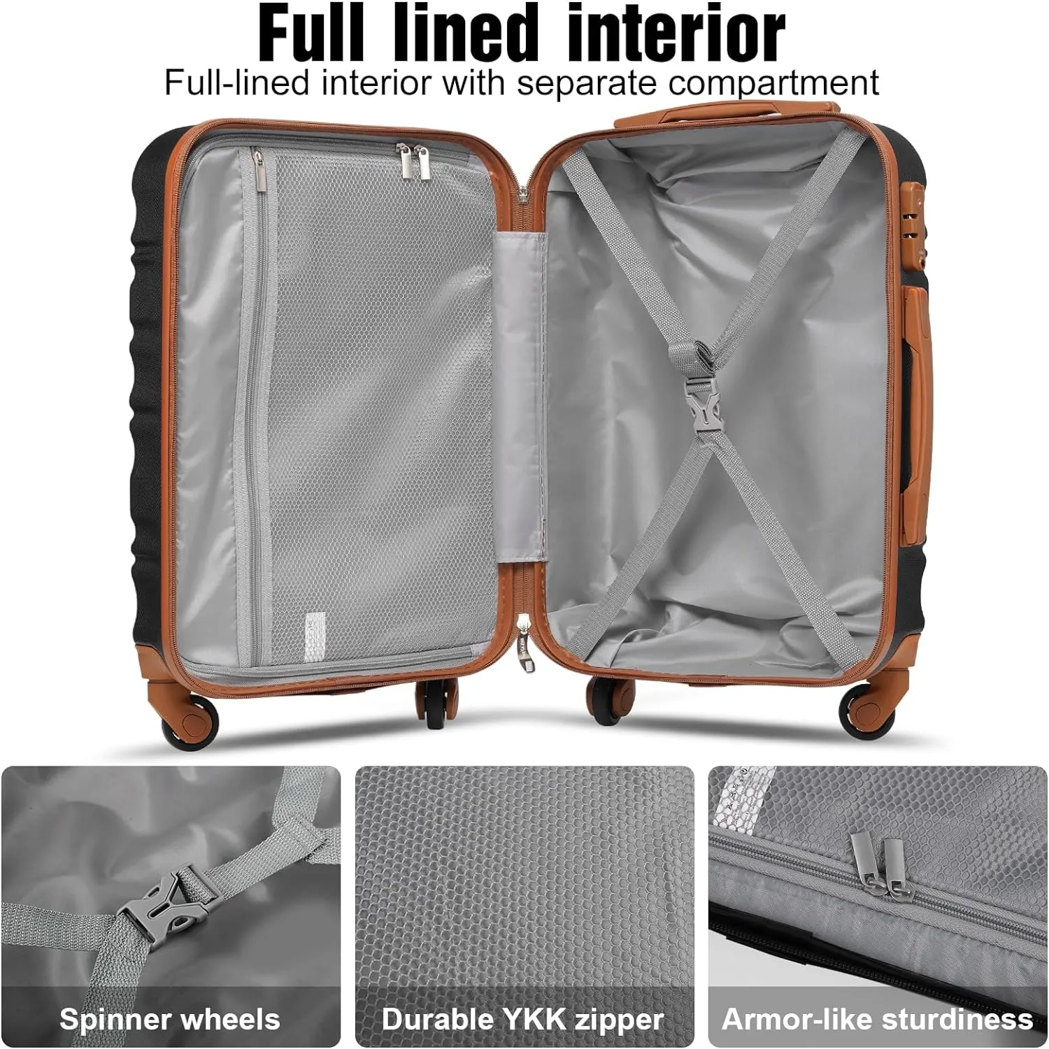 LONG VACATION 3 Piece Luggage Set 20 IN Carry on Suitcase ABS PC Handshell Luggage with Spinner Wheels & YKK Zipper TSA Lock (20 INCH (BP/TB), BLACK-BROWN)