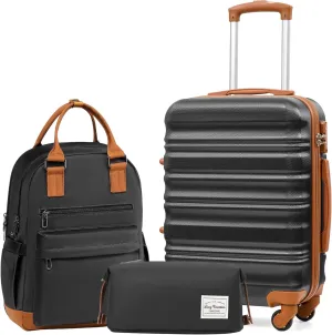 LONG VACATION 3 Piece Luggage Set 20 IN Carry on Suitcase ABS PC Handshell Luggage with Spinner Wheels & YKK Zipper TSA Lock (20 INCH (BP/TB), BLACK-BROWN)