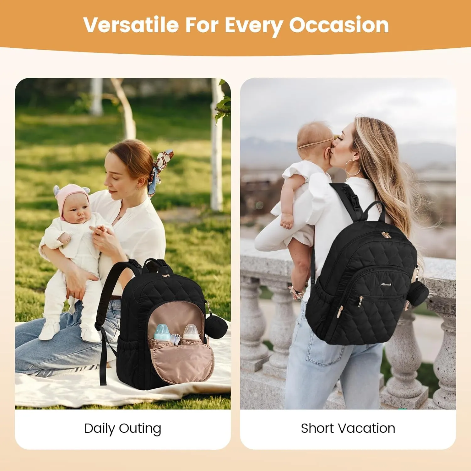 LOVEVOOK Diaper Bag Backpack,Puffer Quilted Baby Diaper Bag with Insulated Pockets,Travel Diaper Backpack for Boys Girls with Changing Pad,Water-Resistant Baby Bag for Mom Dad,Black