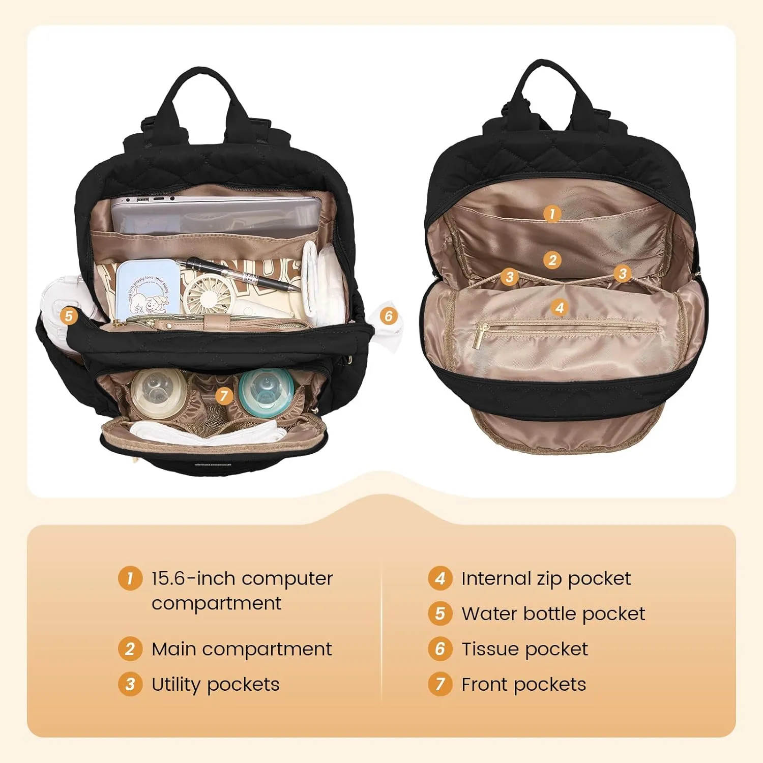 LOVEVOOK Diaper Bag Backpack,Puffer Quilted Baby Diaper Bag with Insulated Pockets,Travel Diaper Backpack for Boys Girls with Changing Pad,Water-Resistant Baby Bag for Mom Dad,Black
