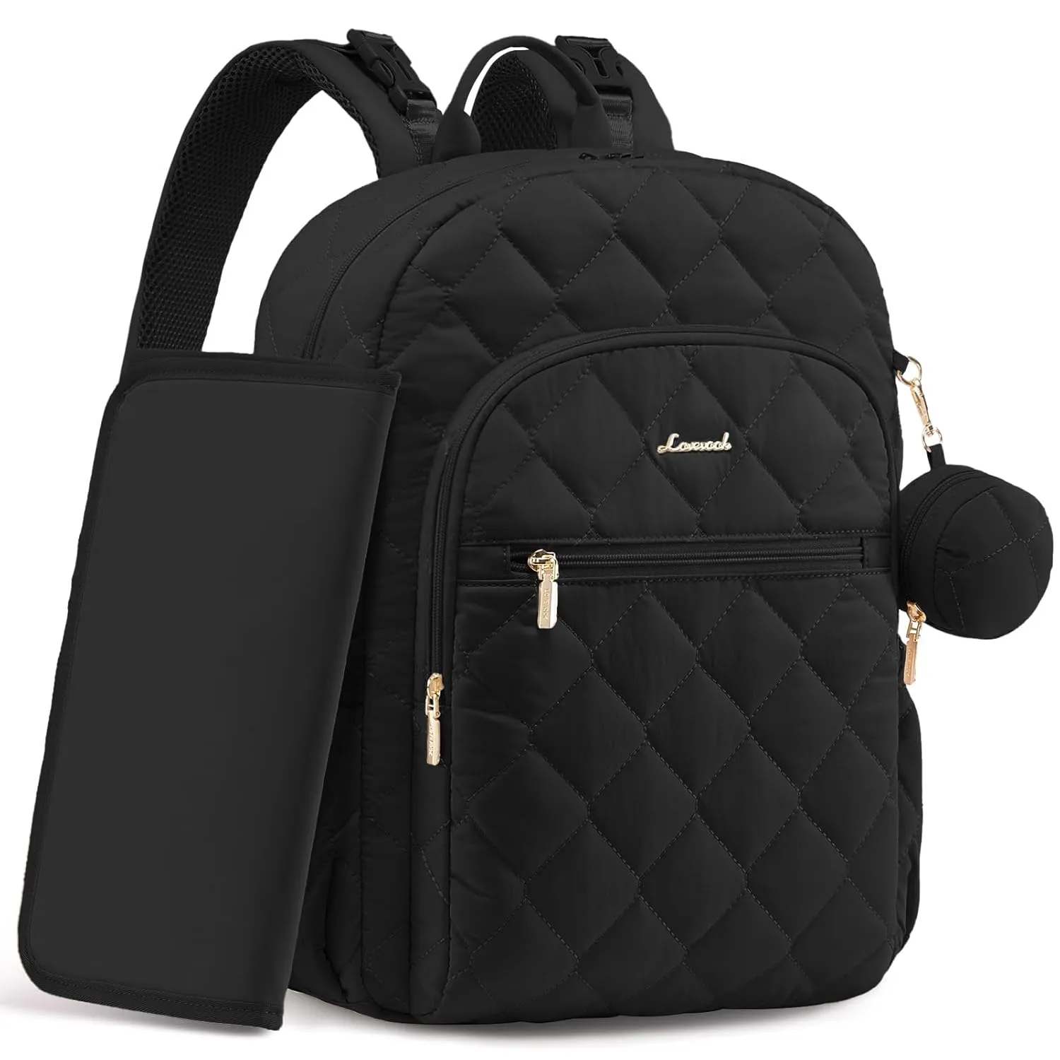 LOVEVOOK Diaper Bag Backpack,Puffer Quilted Baby Diaper Bag with Insulated Pockets,Travel Diaper Backpack for Boys Girls with Changing Pad,Water-Resistant Baby Bag for Mom Dad,Black
