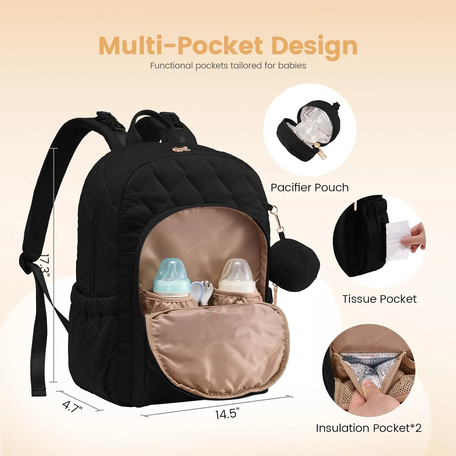 LOVEVOOK Diaper Bag Backpack,Puffer Quilted Baby Diaper Bag with Insulated Pockets,Travel Diaper Backpack for Boys Girls with Changing Pad,Water-Resistant Baby Bag for Mom Dad,Black