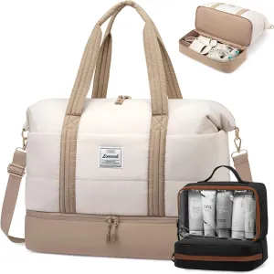 LOVEVOOK Travel Duffle Bag for Women, 3Pcs Puffer Large Weekender Overnight Bag with Shoe Compartment, Water Resistant Gym Duffel Bag, Carry on Bag for Hospital Delivery with Toiletry Organizer