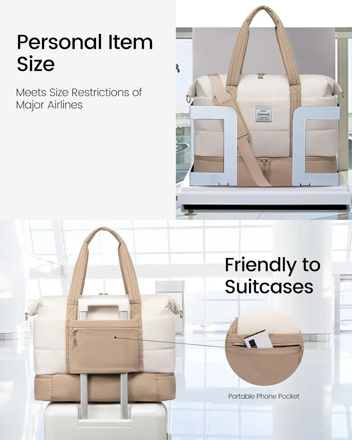 LOVEVOOK Travel Duffle Bag for Women, 3Pcs Puffer Large Weekender Overnight Bag with Shoe Compartment, Water Resistant Gym Duffel Bag, Carry on Bag for Hospital Delivery with Toiletry Organizer