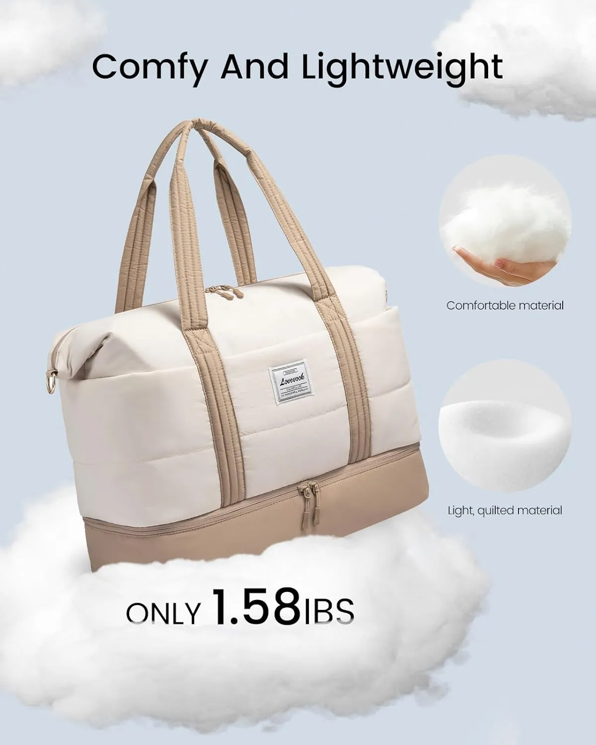 LOVEVOOK Travel Duffle Bag for Women, 3Pcs Puffer Large Weekender Overnight Bag with Shoe Compartment, Water Resistant Gym Duffel Bag, Carry on Bag for Hospital Delivery with Toiletry Organizer