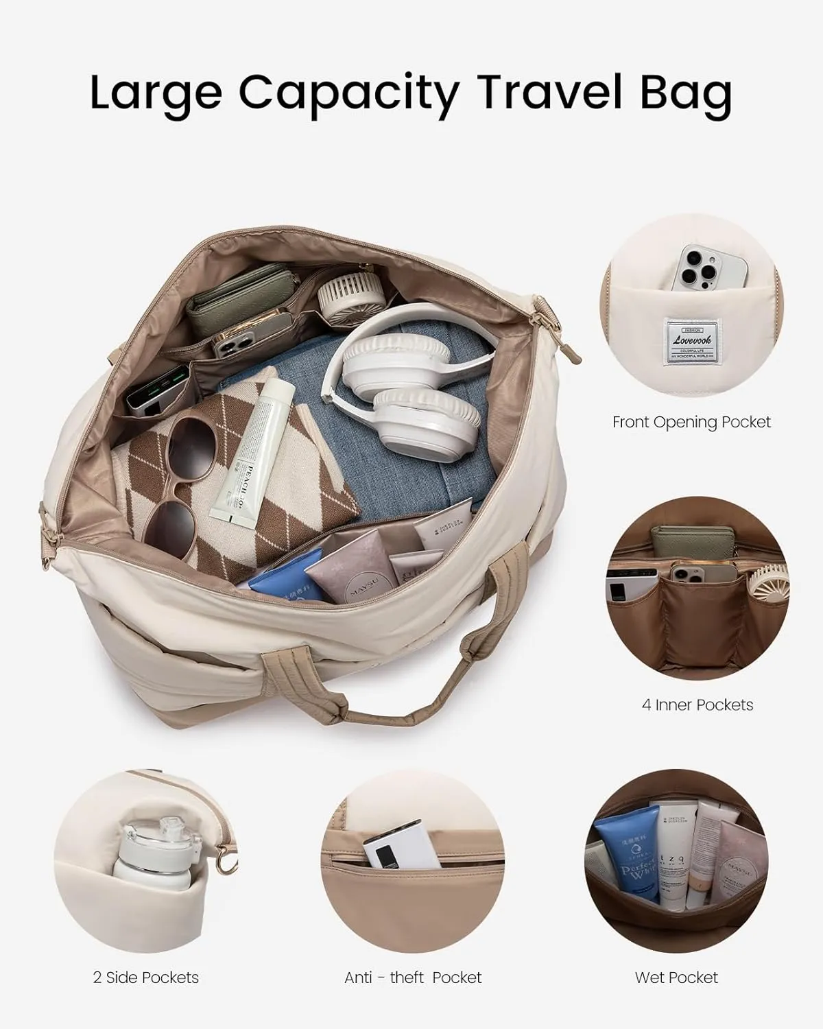 LOVEVOOK Travel Duffle Bag for Women, 3Pcs Puffer Large Weekender Overnight Bag with Shoe Compartment, Water Resistant Gym Duffel Bag, Carry on Bag for Hospital Delivery with Toiletry Organizer