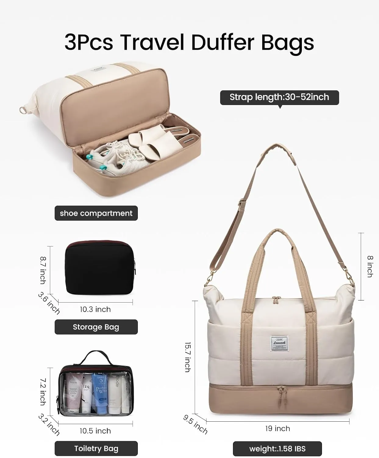 LOVEVOOK Travel Duffle Bag for Women, 3Pcs Puffer Large Weekender Overnight Bag with Shoe Compartment, Water Resistant Gym Duffel Bag, Carry on Bag for Hospital Delivery with Toiletry Organizer