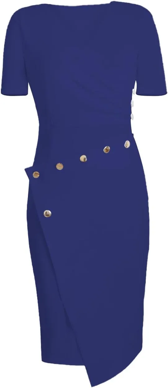 Lrady Women's Deep V Neck Casual Work Bodycon Cocktail Party Pencil Midi Dress