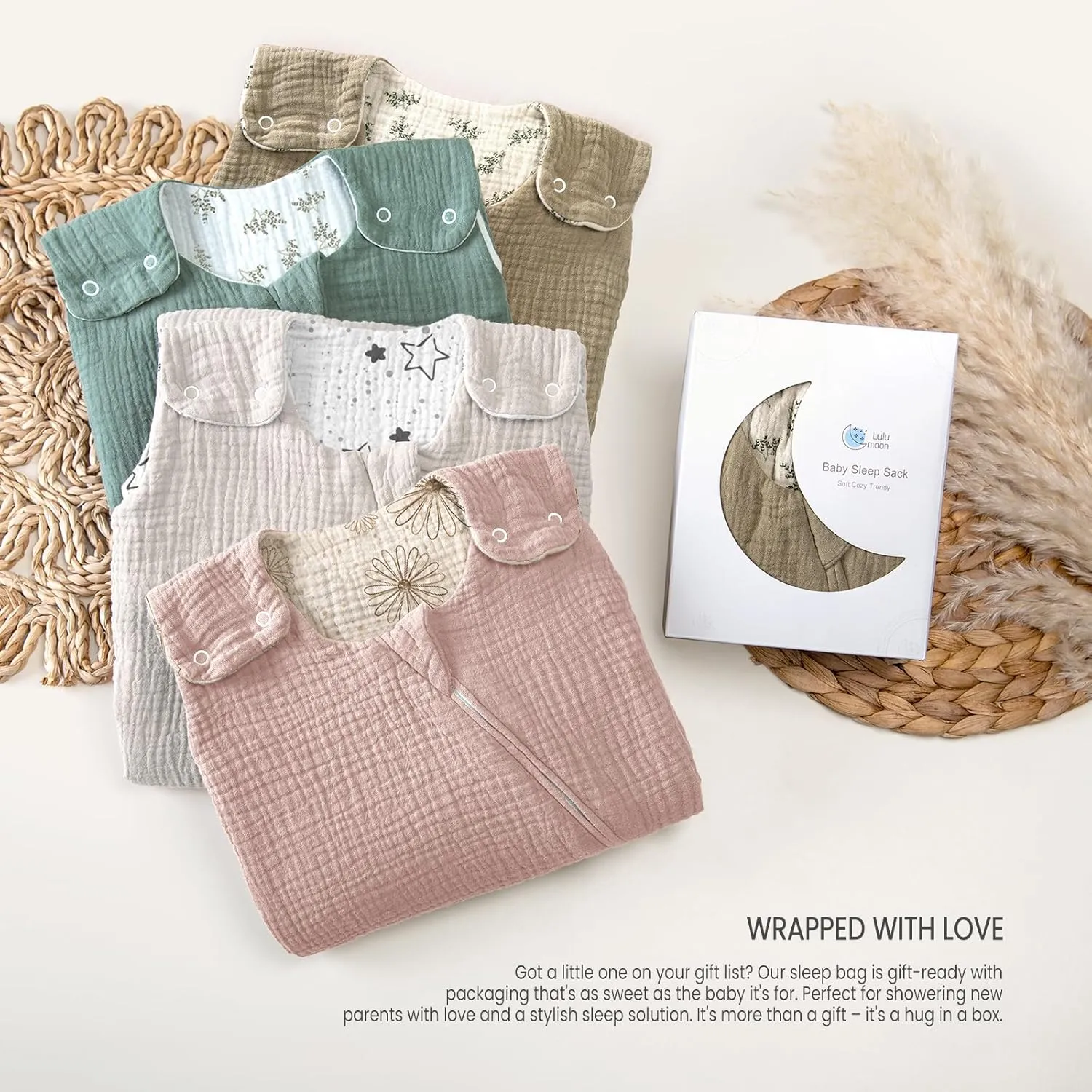 lulumoon Sleep Sack Muslin for Baby: Cotton Wearable Blanket for 3-9 Months - Soft Lightweight Ideal for Nursery Lounge Nighttime Naptime