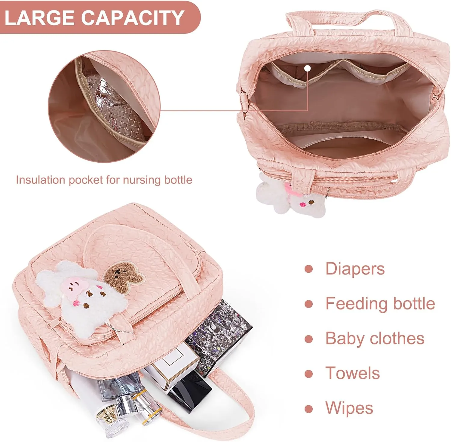 Lushandy Baby Diaper Bag Tote, Cute Mommy Nappy Crossbody Travel Tote, Multifunction Storage Bag