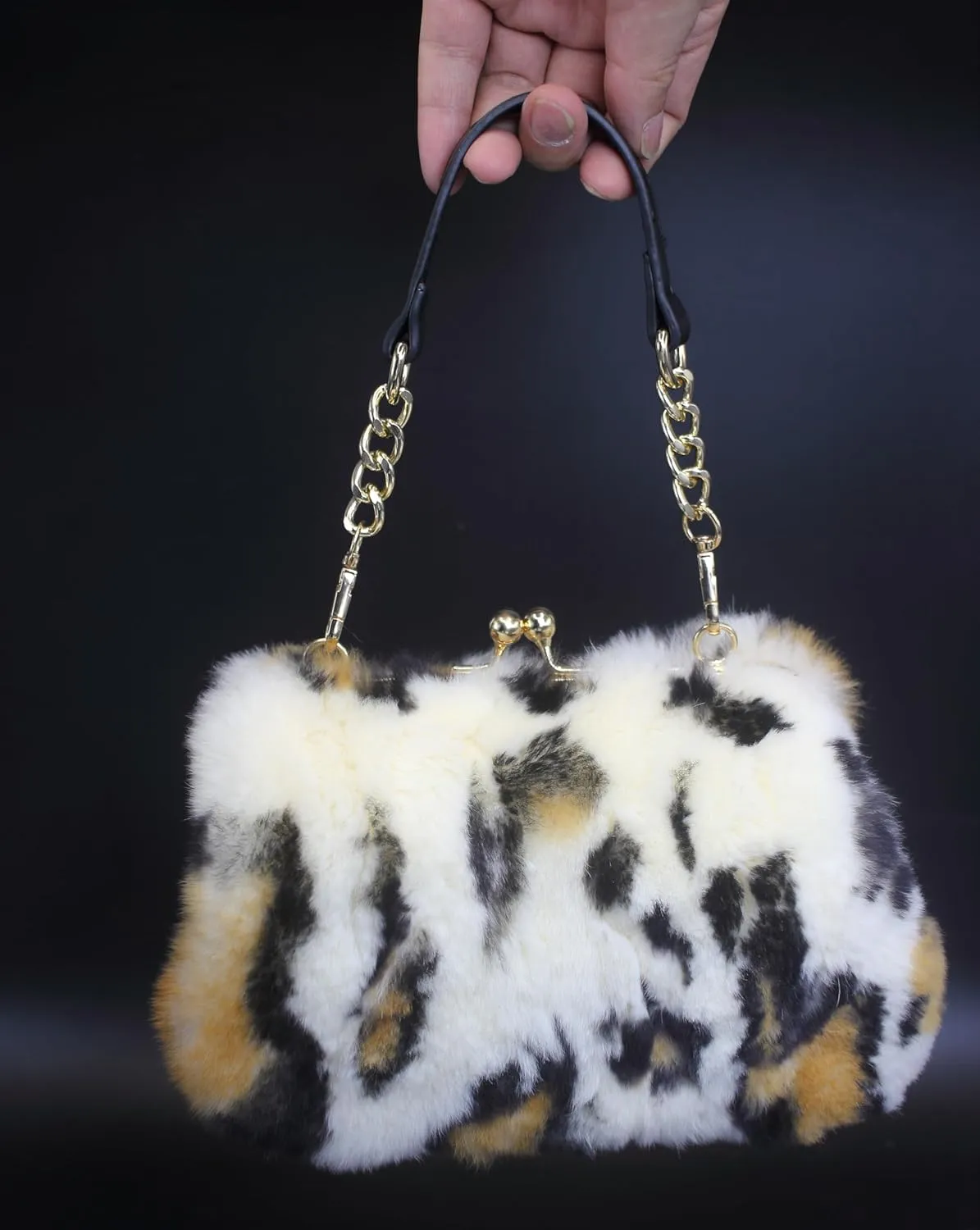 Luxurious Real Rex Rabbit Fur Evening Handbag – Elegant Purse with Adjustable Straps for Women