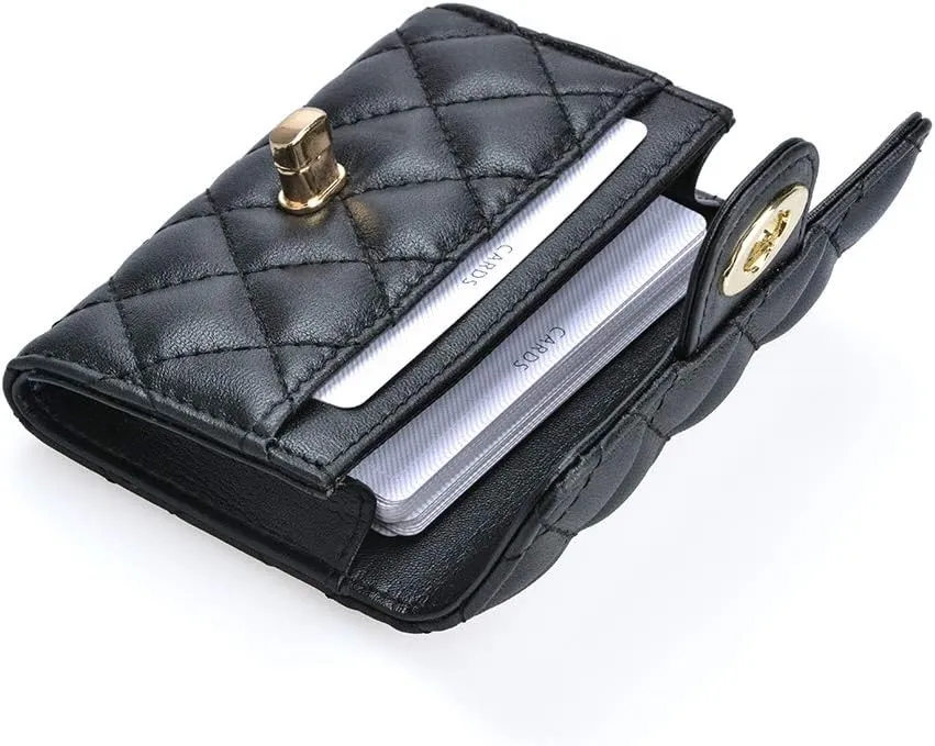 Luxury Black Quilted Leather Wallet Credit Card Holder Wallet Small Wallet Compact Wallet Coin Purse Business Card Holder Gift for Women Gift for Girl