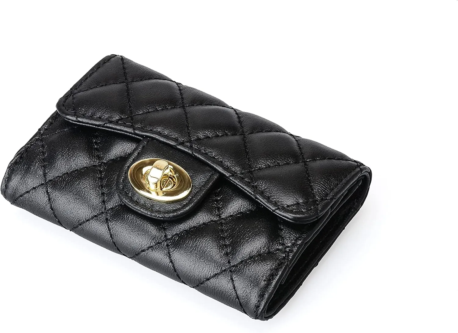 Luxury Black Quilted Leather Wallet Credit Card Holder Wallet Small Wallet Compact Wallet Coin Purse Business Card Holder Gift for Women Gift for Girl
