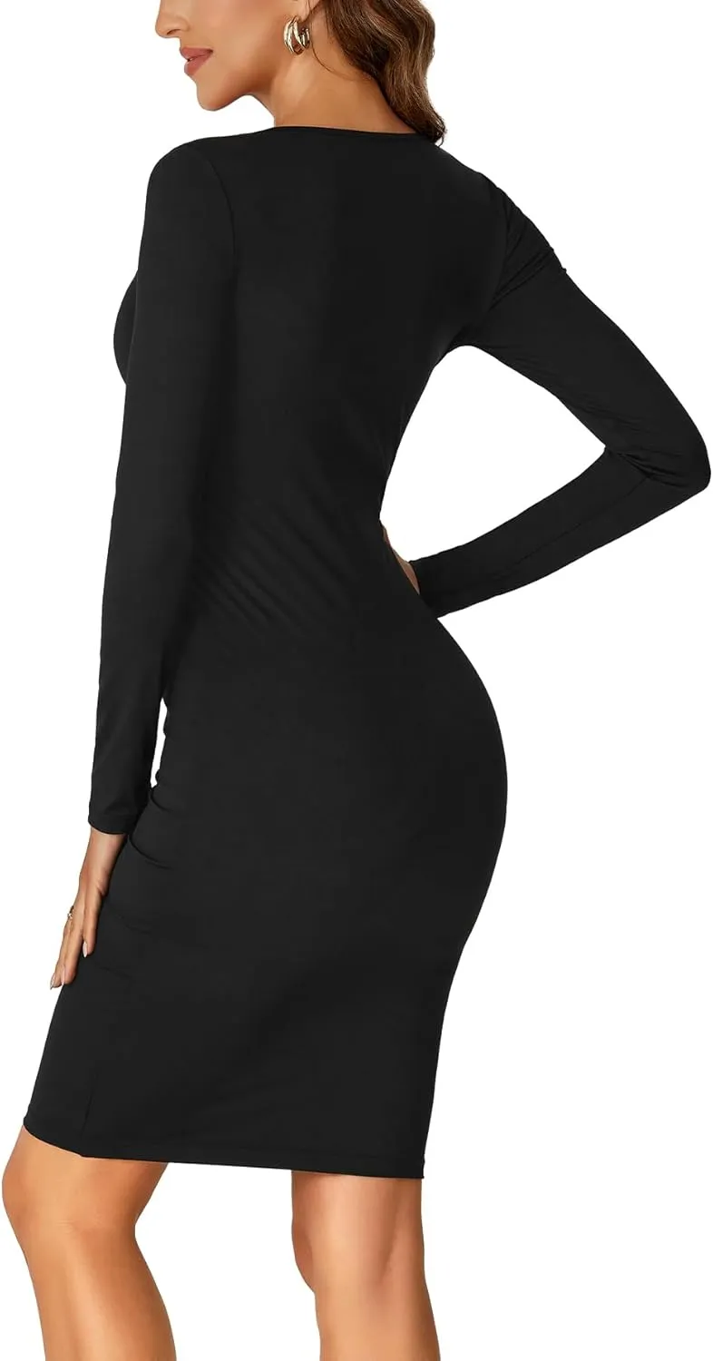LYANER Women's Square Neck Bodice Dresses Long Sleeve Knee Length Bodycon Mini Dress