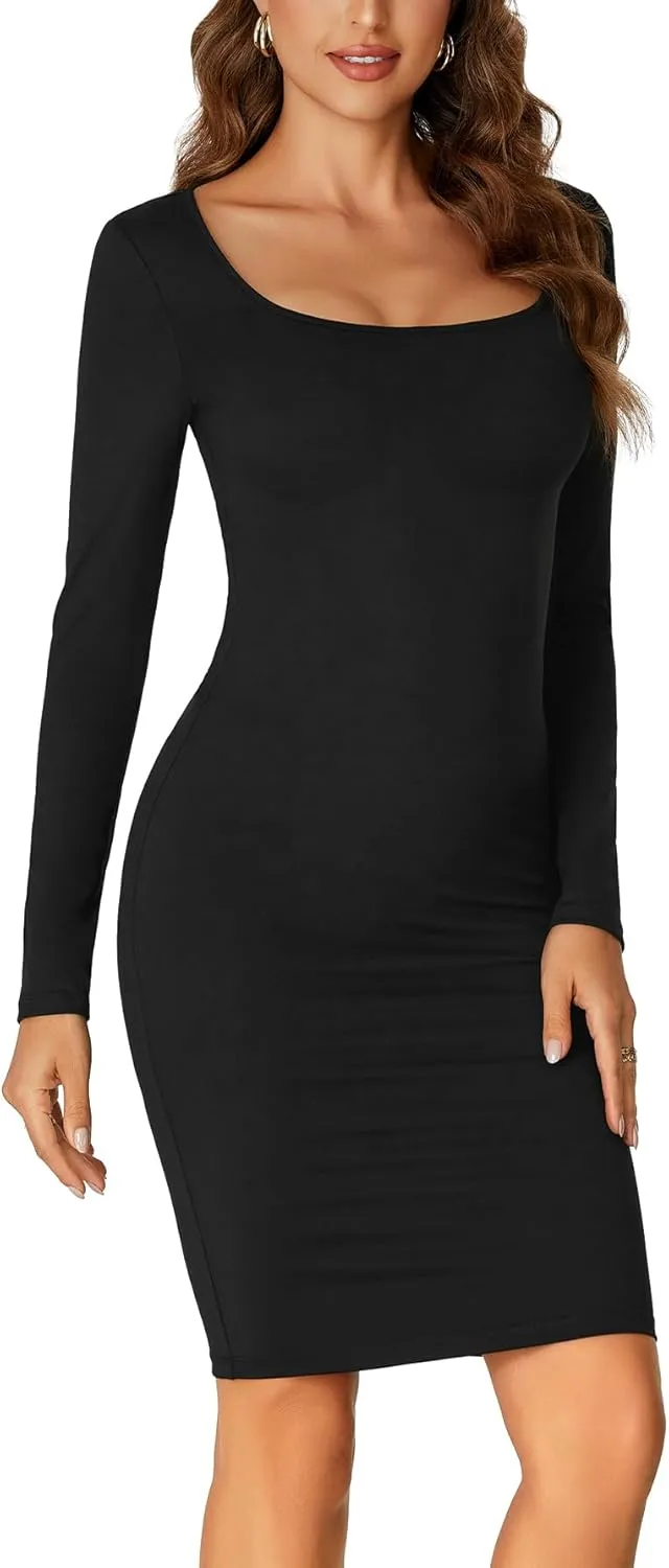 LYANER Women's Square Neck Bodice Dresses Long Sleeve Knee Length Bodycon Mini Dress