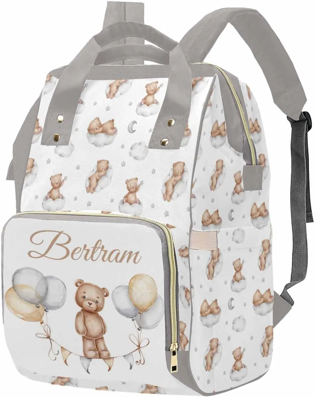 M YESCUSTOM Custom Name Diaper Bag Grey Backpack Multi Function Waterproof Daypack for Women Portable Travel Backpack Large Capacity Handbag