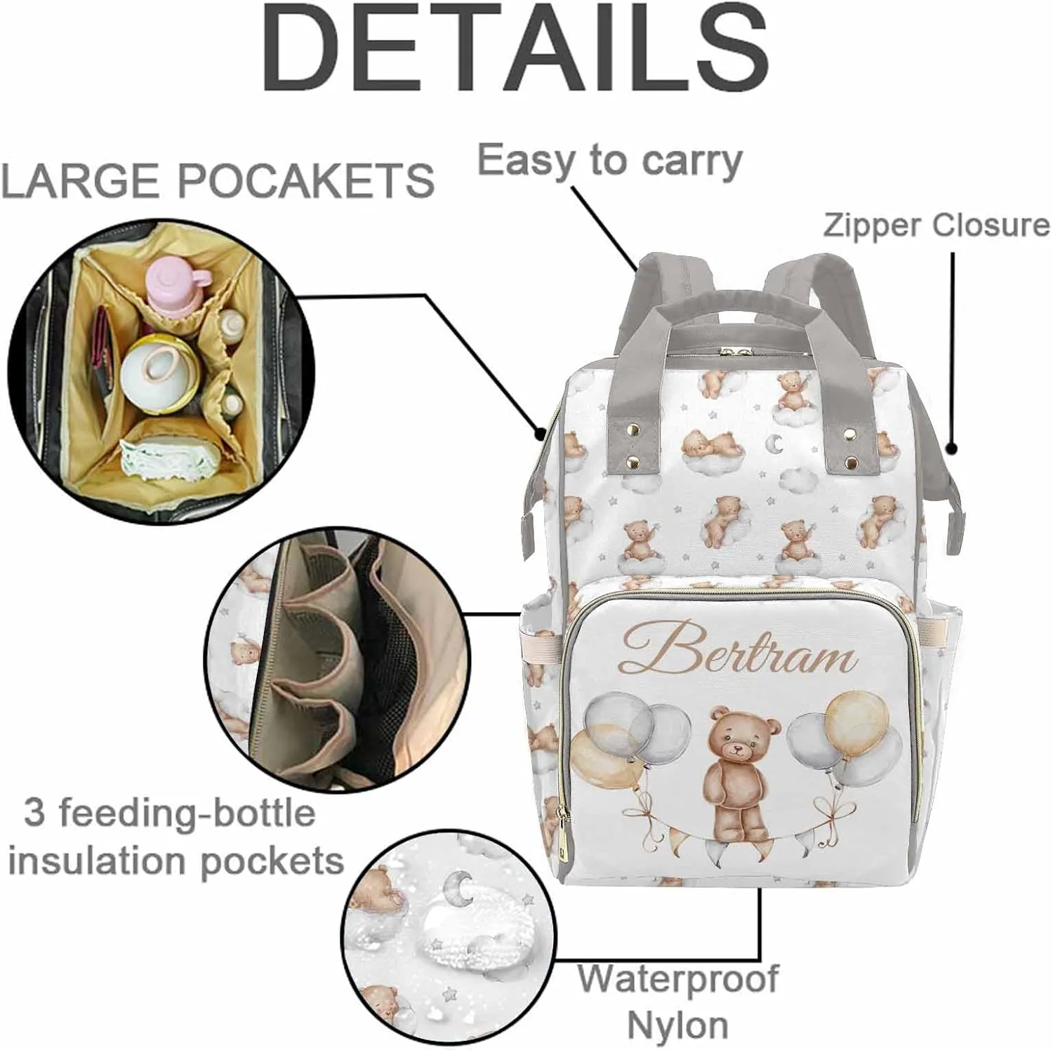 M YESCUSTOM Custom Name Diaper Bag Grey Backpack Multi Function Waterproof Daypack for Women Portable Travel Backpack Large Capacity Handbag
