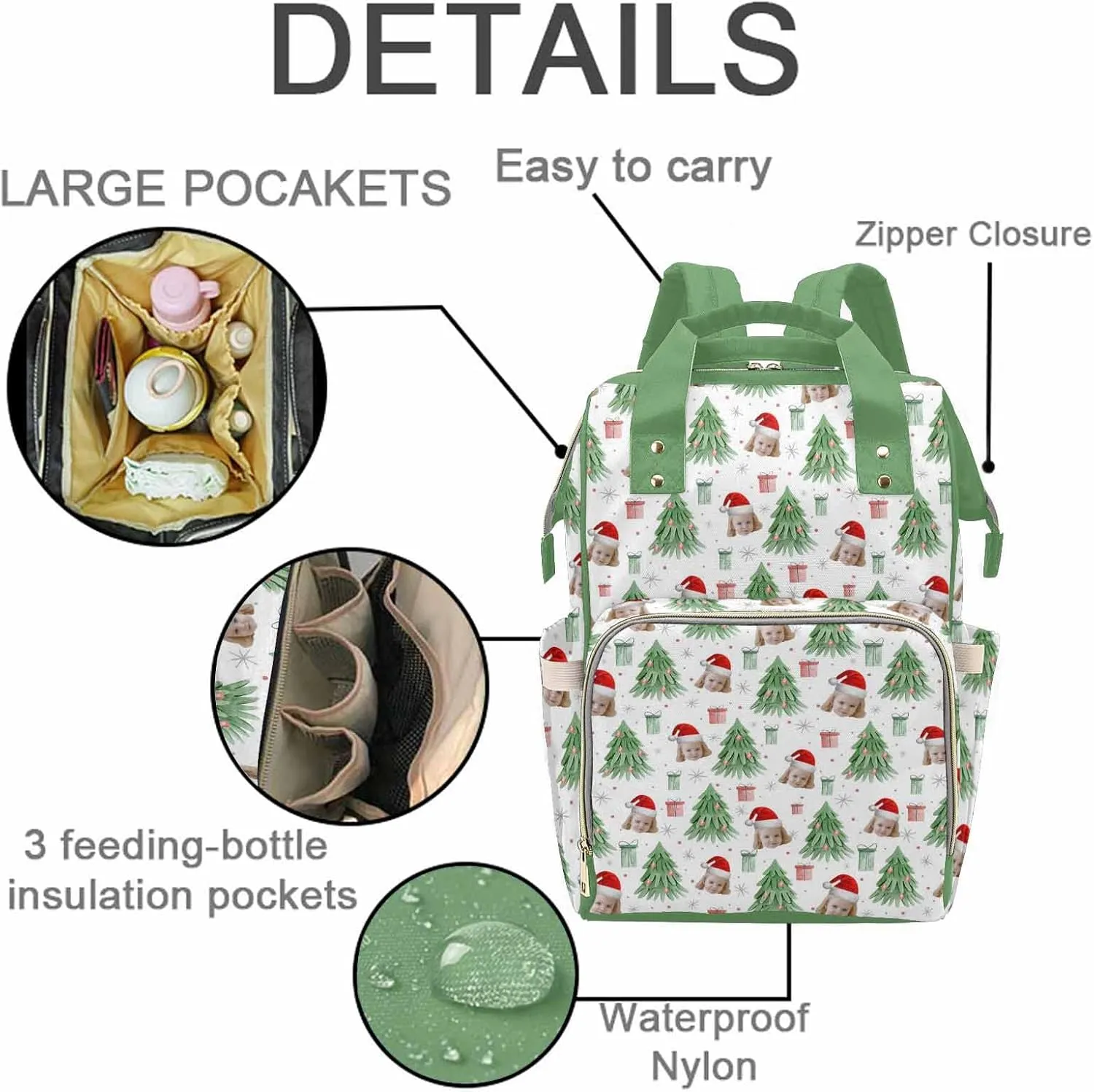 M YESCUSTOM Customized Diaper Bag with Photo, Personalized Pine Fir Tree with Gift Boxes Nylon Mommy Nappy Bags, Large Capacity Daypack for Travel, Custom Holiday Gift for New Mom Wife & Women