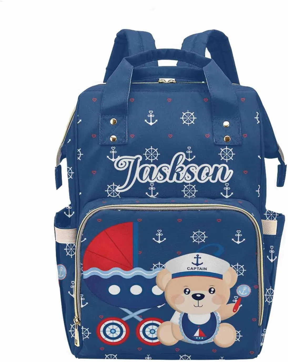 M YESCUSTOM Diaper Bags for Mom Women Wife Custom Name Multi-Function Baby Bag Personalized Blue Sailor Bear Shoulder Backpack